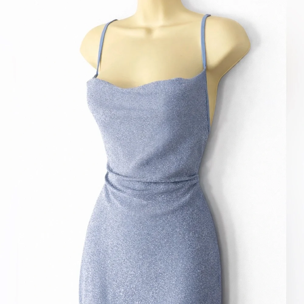 SHEIN Blue Cowl Neck Open Back Bodycon Dress Medium Spaghetti Strap Slit Midi - Picture 4 of 8